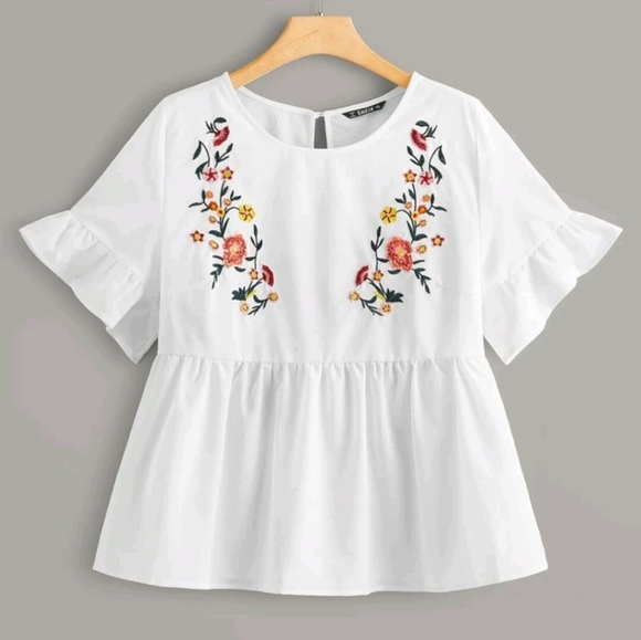 Shein Keyhole Back Embroidery Front Smock Top - Picture 1 of 5